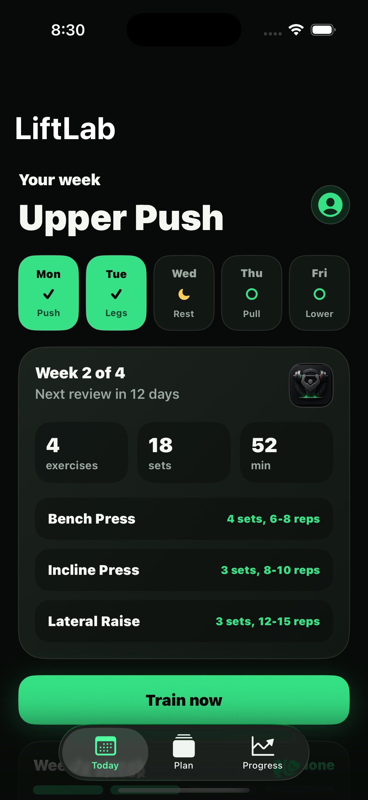 LiftLab iPhone home screen showing the weekly training plan and today's workout