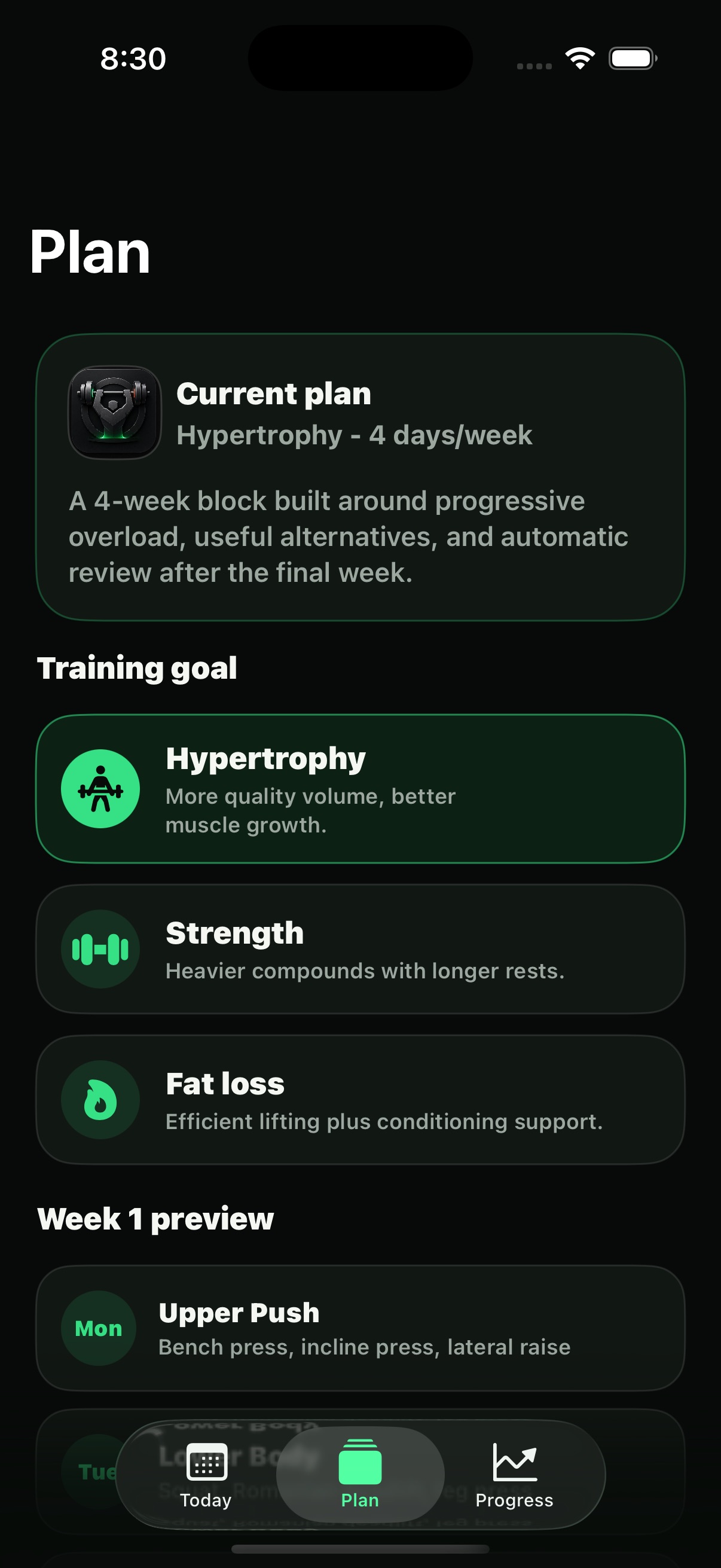 LiftLab iPhone plan screen showing current plan and custom routine creation